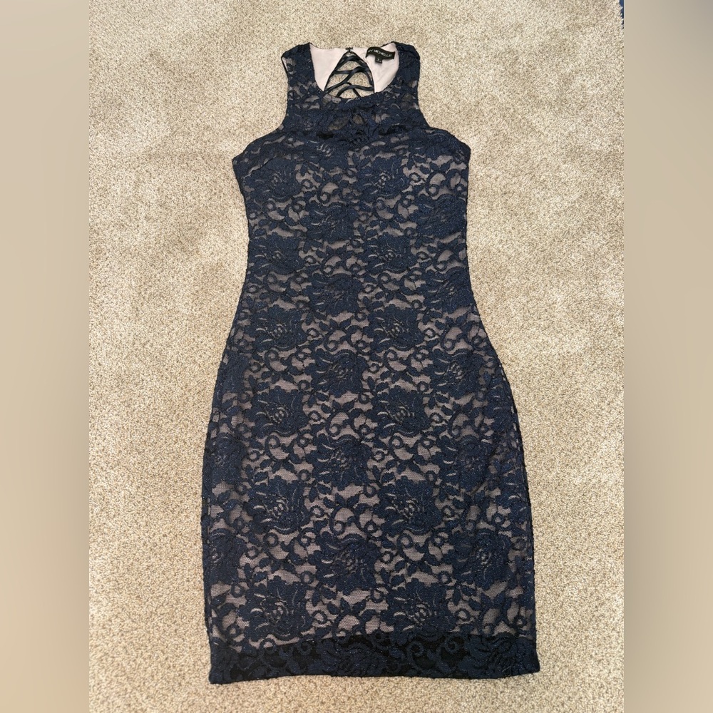 My Michelle Navy Lace Bodycon Dress Crisscross Back Size 7